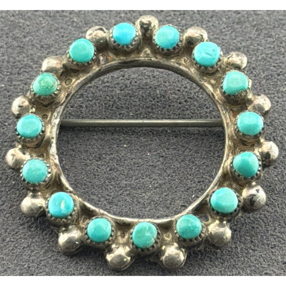 Vintage Southwestern Sterling Silver Teal Snake Eye Stone Circle Brooch  1 "
